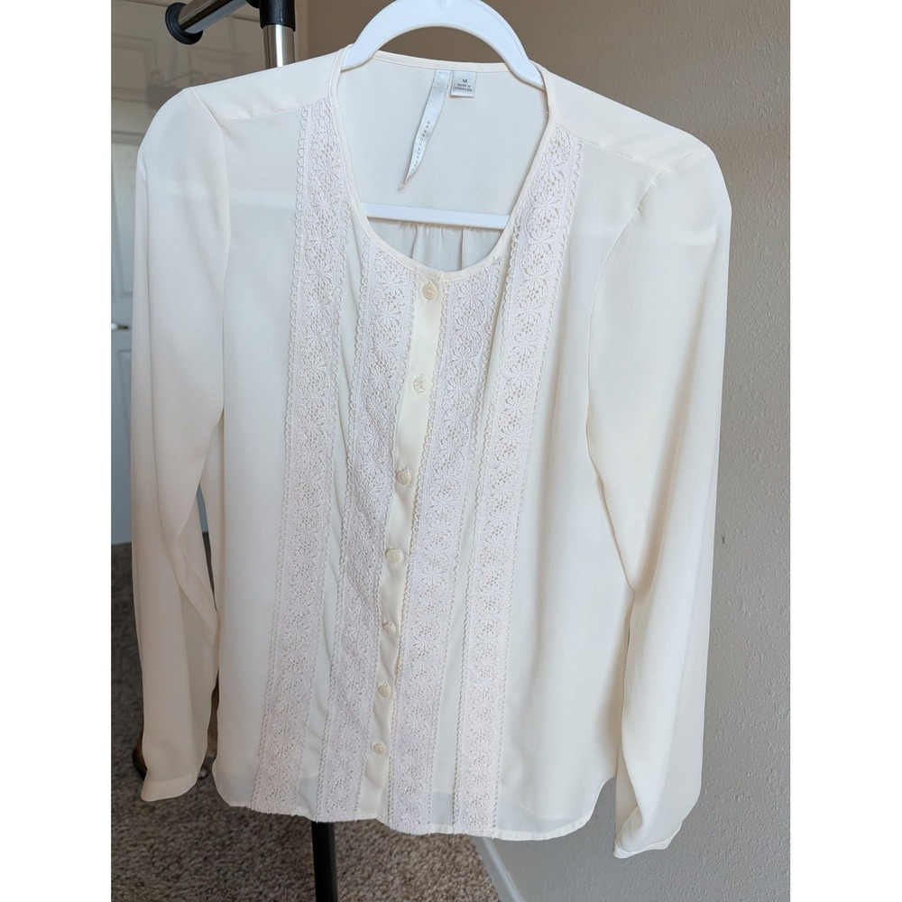 LC Lauren Conrad Cream Lace Panel‎ Button Front Blouse Ivory Long Sleeve Medium